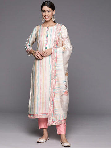 Cream Stripe Printed Placket Embroidered Straight Kurta Paired With Contrast Bottom And Floral Printed Dupatta